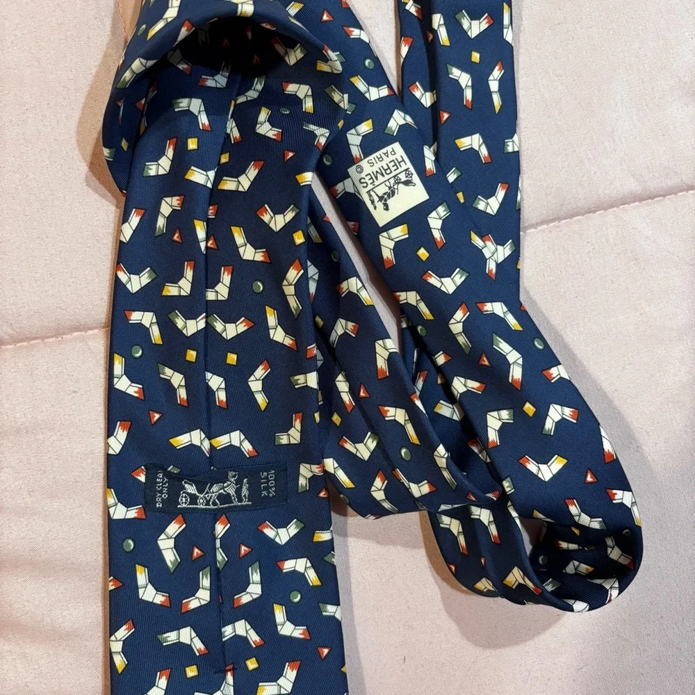 Hermes 5004 EA Navy Blue Colorful Boomerang Print Men's Pure Silk Tie